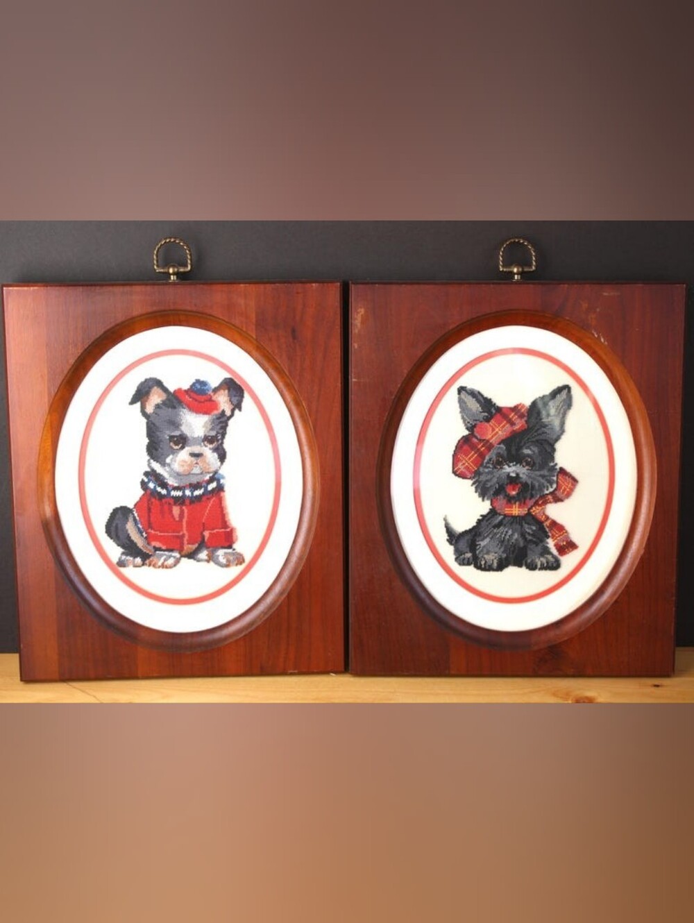 Vintage Dog Needlepoint Wall Art Scottish Terrier Wooden Frames 50s 60s